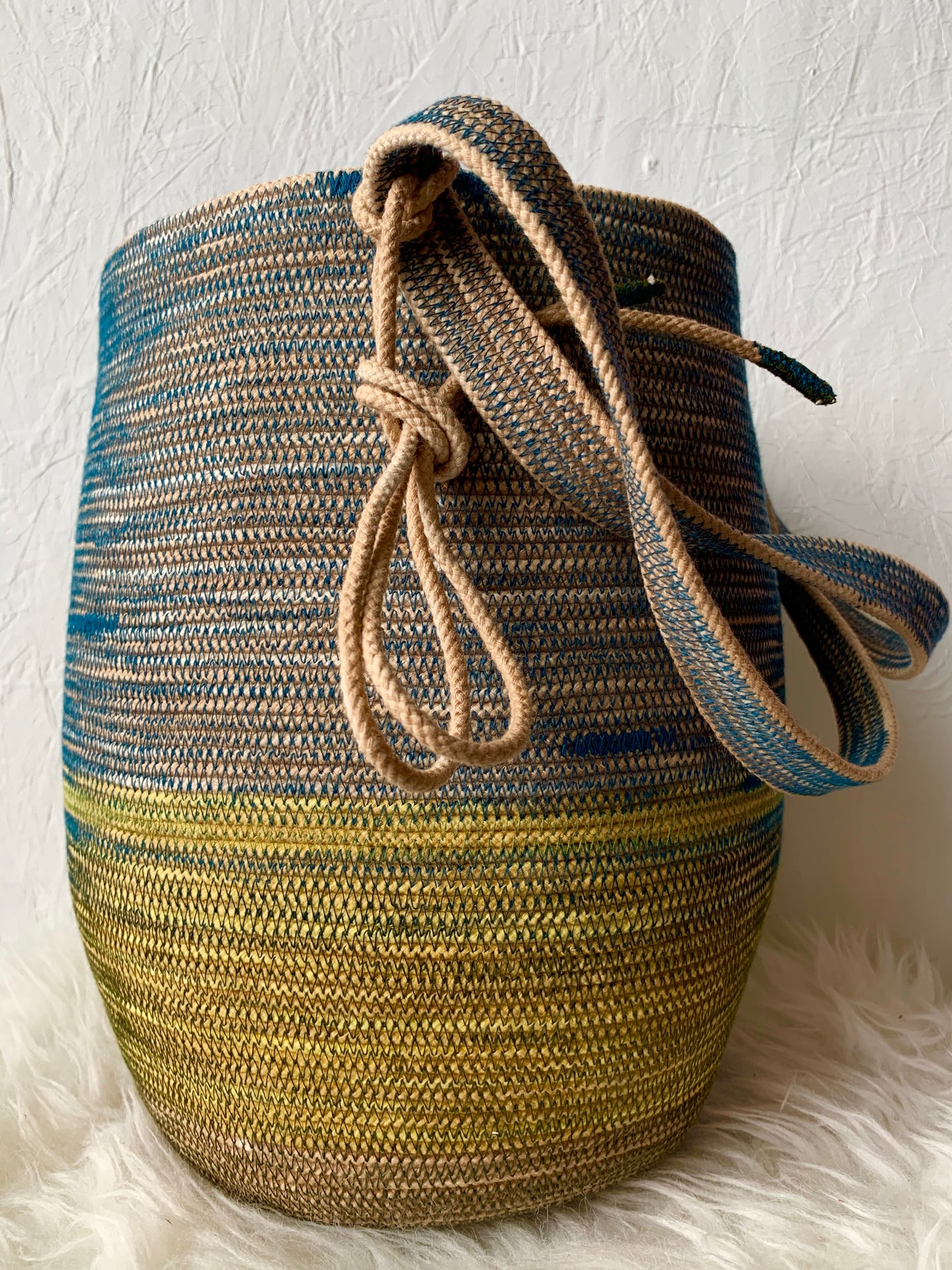 rope basket in teal and sea green