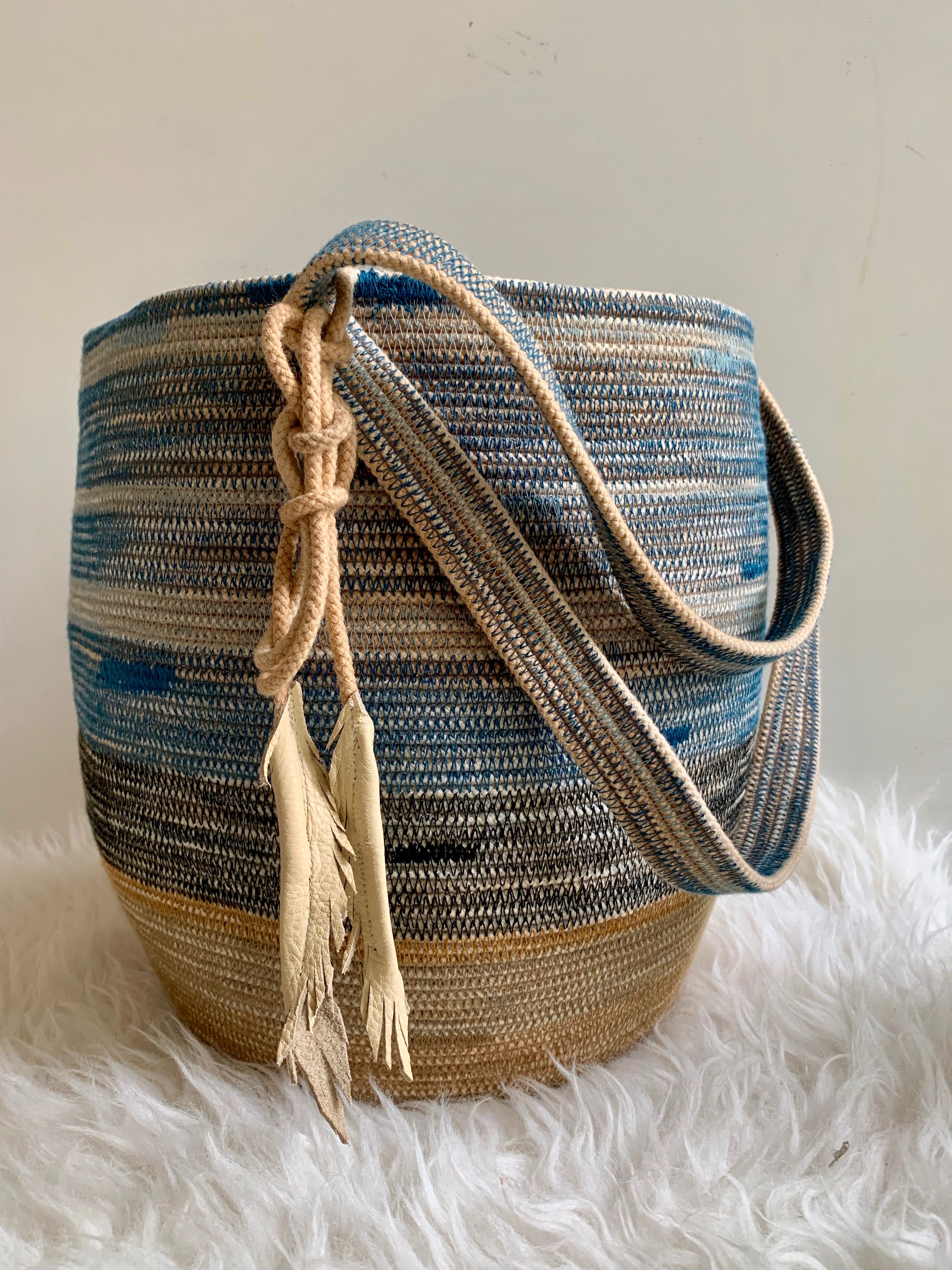 handmade, naturally dyed rope basket backpack